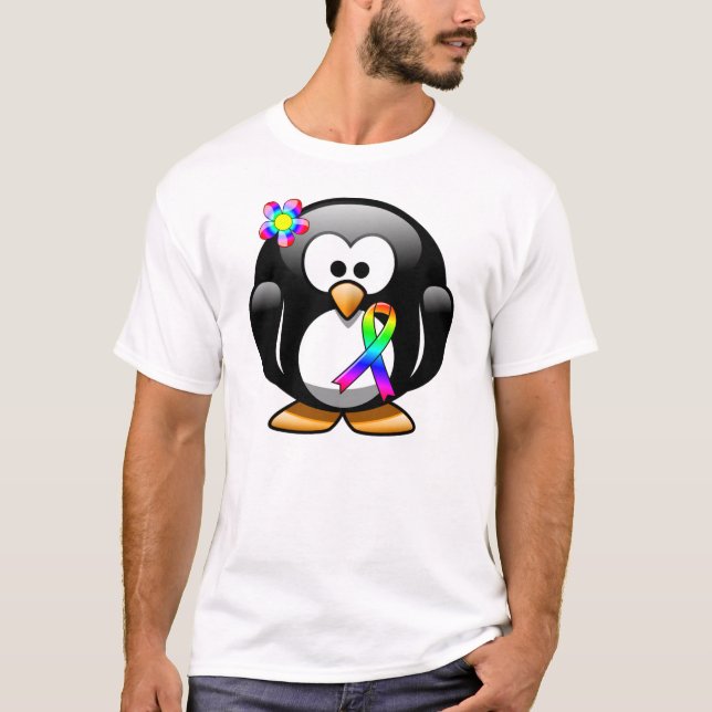 T-shirt Fita de Consciência do Arco-Íris Pinguim (Frente)