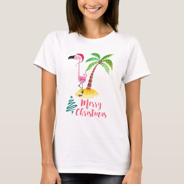 T-shirt Flamingo Rosa Em Um Chapéu De Papai Noel Por Uma P (Frente)