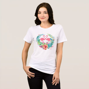 T-shirt Flamingos cor-de-rosa e coroa de flores tropicais 