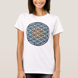 T-shirt Flor da vida (inclinação azul amarelo alaranjado)