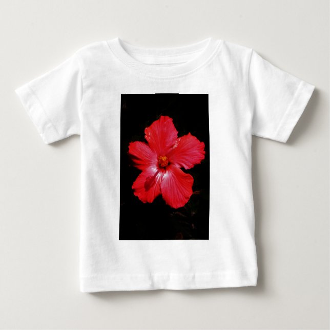 T-shirt Flor de Hibiscus Vermelho Rosa-Quente a Preto (Frente)