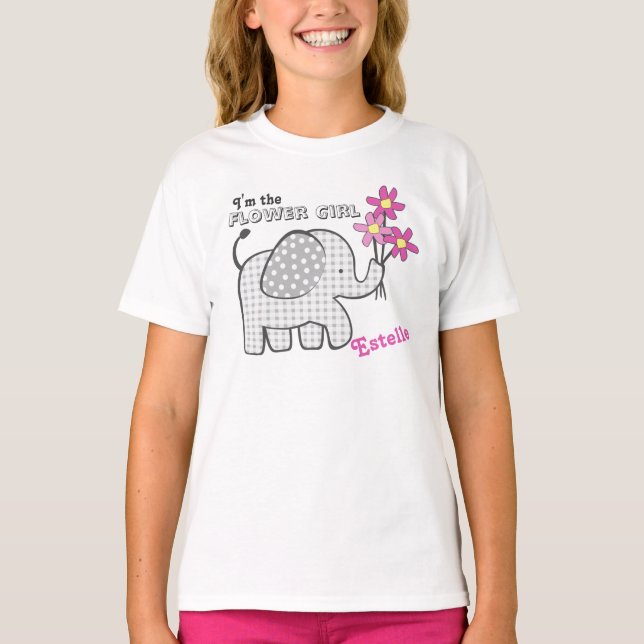 T-shirt Flor Garota Gingham Elefante Flores Rosa (Frente)