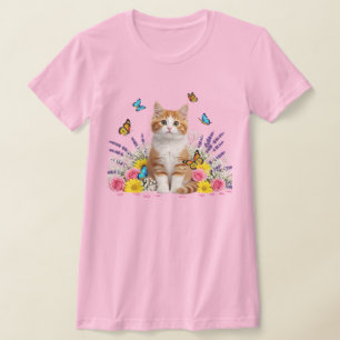 T-Shirt Floral de Gato e Borboleta
