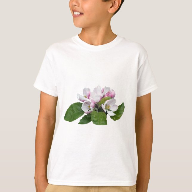 T-shirt flores de flor de maçã e folhas verdes (Frente)