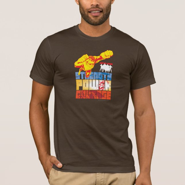 T-shirt Força da Liga da Justiça. Energia. Coragem. Caráte (Frente)