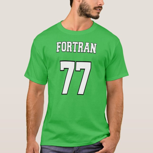 T-shirt FORTRAN 77: Branco/verde para programadores do (Frente)