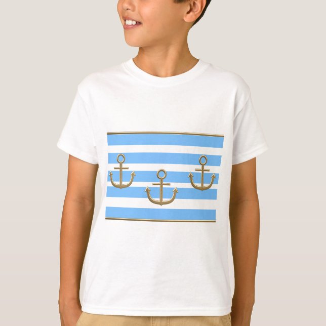 T-shirt fundo branco azul da âncora dourada (Frente)