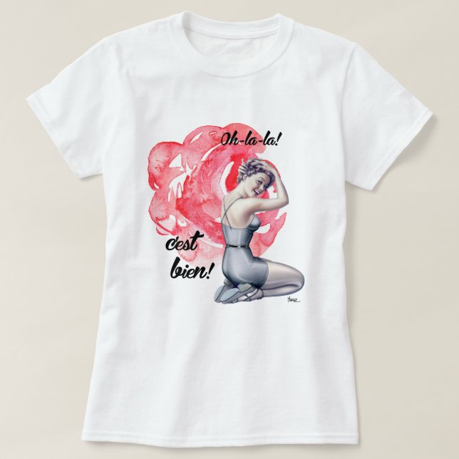 T-shirt Garota Pin-Up com Fundo Floral (Frente do Design)