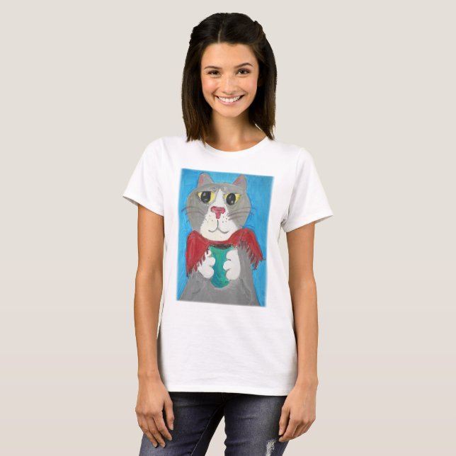 T-shirt Gato de Cinza pintado com café (Frente Completa)