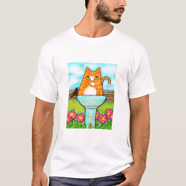 T-shirt Gato de gato malhado no Birdbath (Frente)