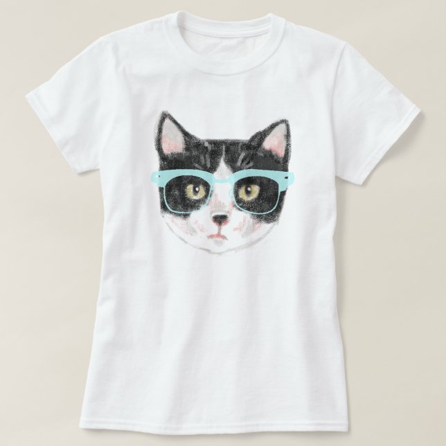 T-shirt Gato do hipster (preto e branco) (Frente do Design)