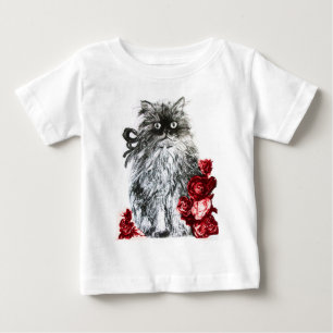 T-shirt GATO KITTY, KITTEN COM ROSAS VERMELHAS, Preto e Br