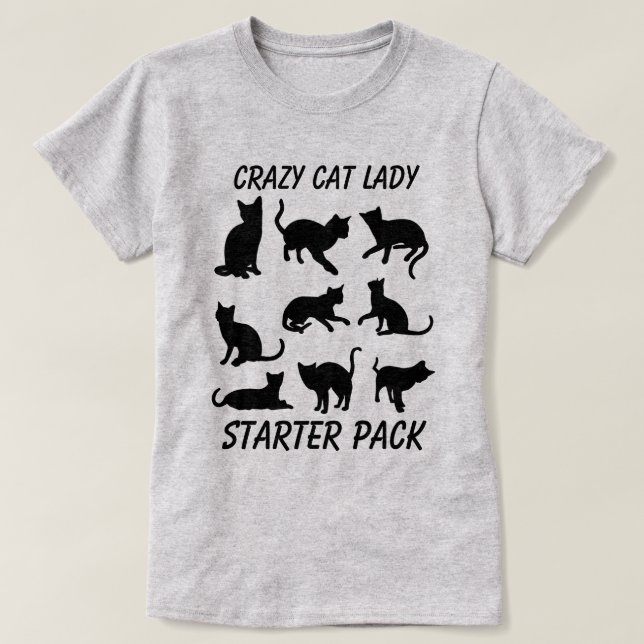 T-shirt "Gato Louco Lady Starter Pack" com três gatos (Frente do Design)
