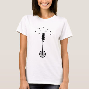 T-shirt gato na bicicleta do vintage com pássaros