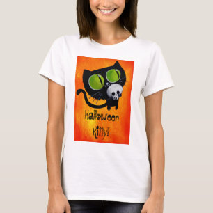 T-shirt Gato preto do Dia das Bruxas com crânio