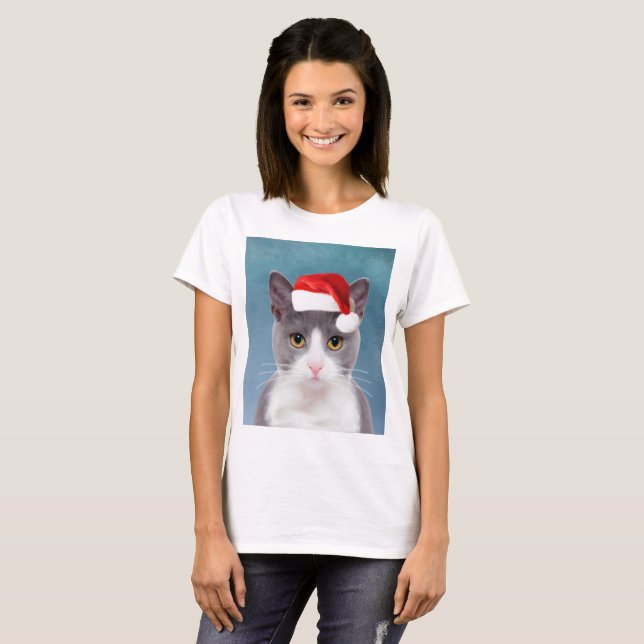T-shirt Gato vestindo o Retrato de Natal do Papai Noel (Frente Completa)