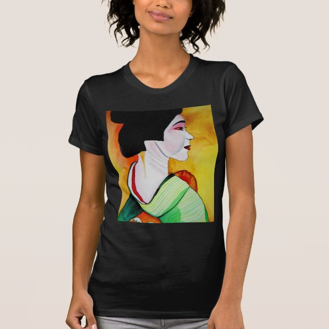 T-shirt Geisha japonesa com arte original verde kimono (Frente)