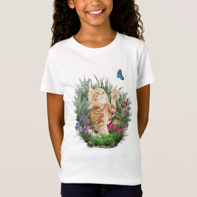 T-shirt Ginger kitten brincando com uma borboleta (Frente)