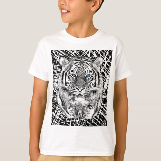 T-shirt Gráfico preto e branco do tigre dos olhos azuis (Frente)