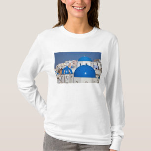 T-shirt Grécia, Santorini. Torre sineira e cúpulas azuis d