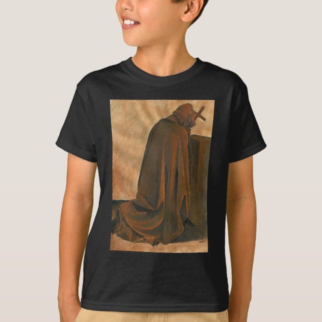 T-shirt Gregoriano Monk Em Oração Vestindo Cassete Arrebat (Frente)