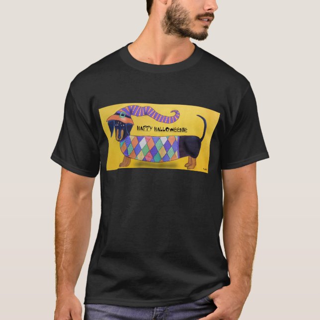 T-shirt Halloweenie feliz - Dachshund do Dia das Bruxas (Frente)