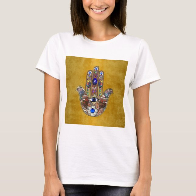 T-shirt Hamsa Hearts Flowers Opal Art em Dourado (Frente)