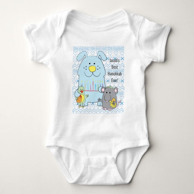 T-shirt Hanukkah Baby Jersey Body Sujeito/Cat+Mouse+Pássar (Frente)