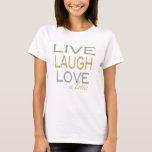 T-shirt Hanukkah "Live Laugh Love a Latke", Dourado/Prata<br><div class="desc">Chanucá "Live Laugh Love a Latke" Dourado/Prata TopEscolha entre mais de 155 estilos de camisa e tamanhos para este design.Estilo: Parte superior do Círculo Lento de Bella Canvas femininoSinta o fluxo no topo aberto da Bella Flor do cabo.A mistura perfeita entre o casual e o sexy, este top vai fazer...</div>