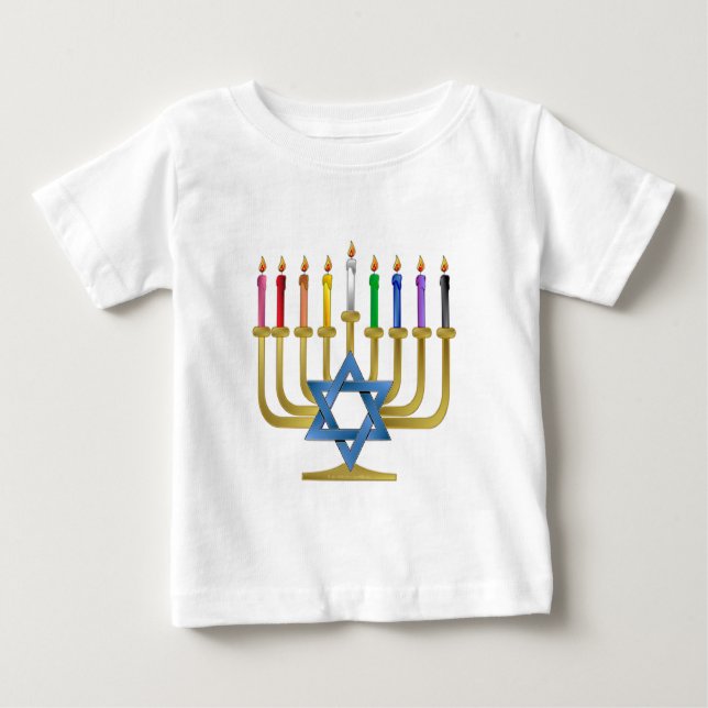 T-shirt Hanukkah Rainbow Candles Dourados Menorah (Frente)