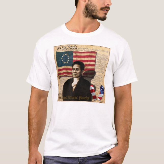 T-shirt Herói preto americano 1770 da guerra de Crispus (Frente)