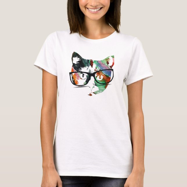 T-shirt Hipster Gatinho com óculos (Frente)