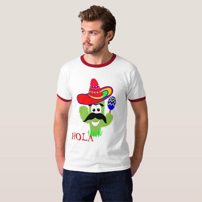 T-shirt Hola Cute Mexicano Sombrero Cactus Engraçado (Frente Completa)