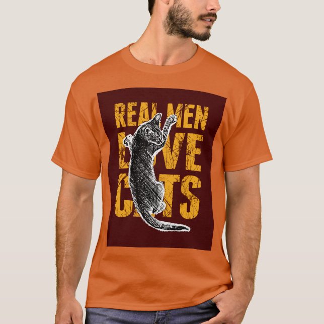 T-shirt Homens Verdadeiros Adoram Gatos em vermelho enterr (Frente)