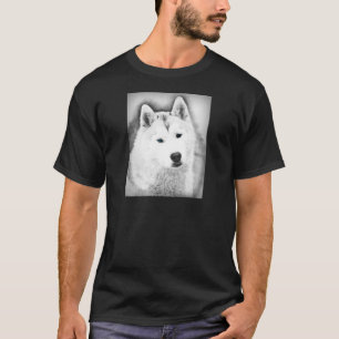 T-shirt Husky Siberiano Branco com Olhos Azuis - Desenho d