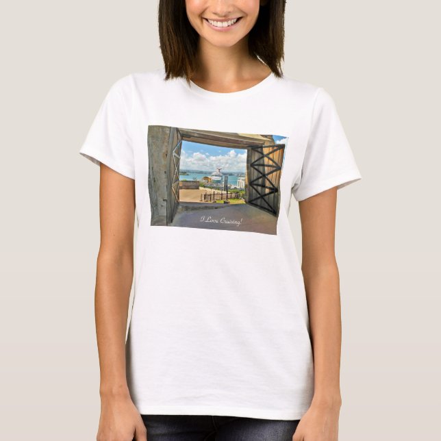 T-shirt "I Love Cruising", Vista de Porto Aberto do Navio (Frente)
