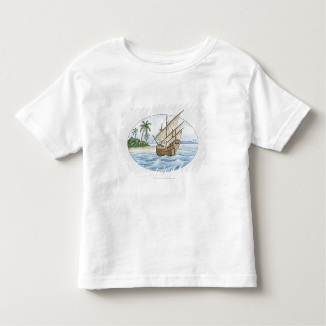 T-shirt Ilustração do navio do século XVI perto da ilha (Frente)