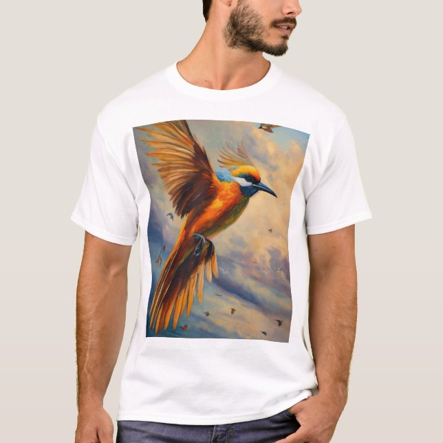 T-Shirt impressa com pássaro colorido (Frente)