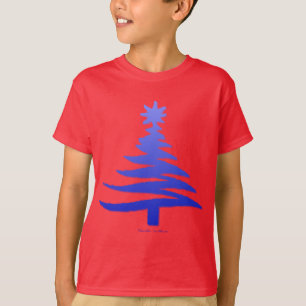 T-shirt Impressão Azul-Estêncil de Árvore de Natal Moderno