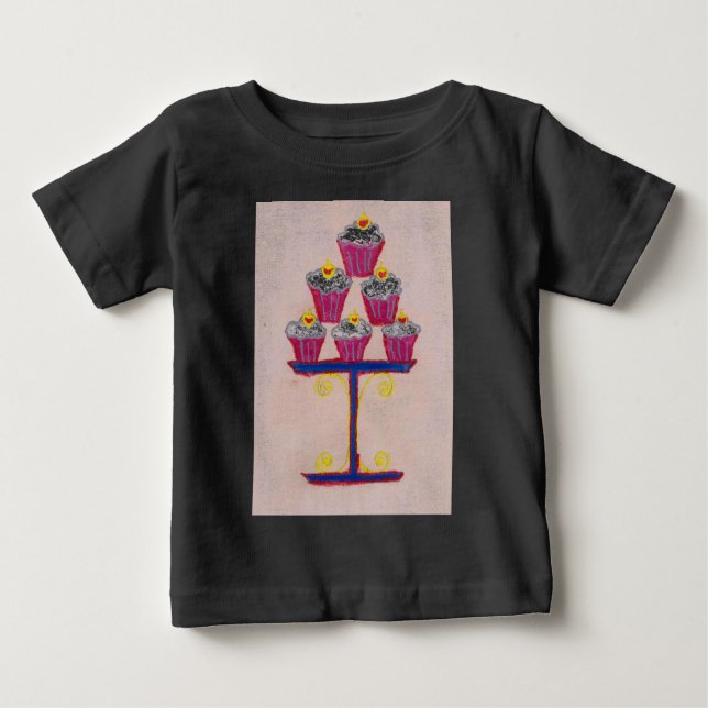 T-shirt Impressão de Arte cupcake com Cereja e Fundo Rosa (Frente)