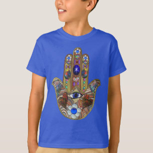 T-shirt Impressão de Arte Opala Hamsa Judaica Corações Flo