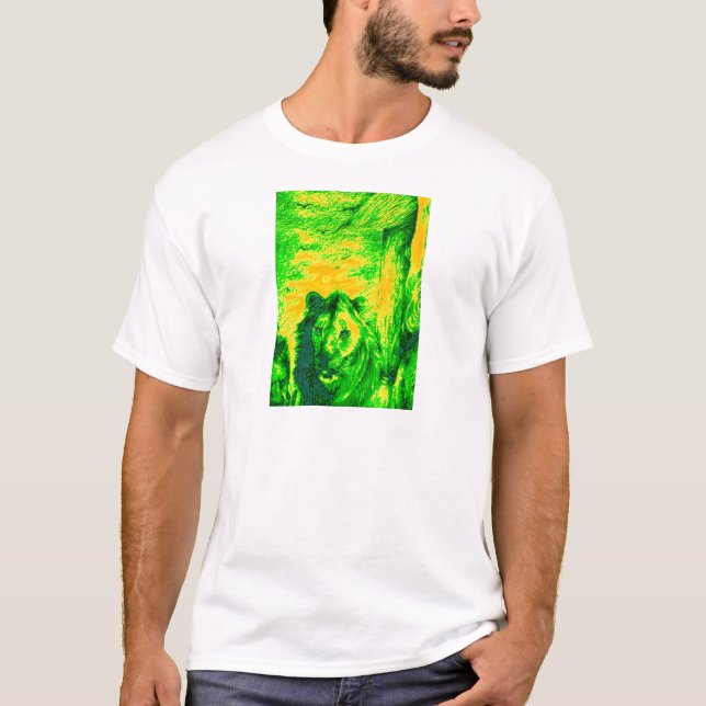 T-shirt Impressão Fluorescente de Arte Lion de Visão Notur (Frente)
