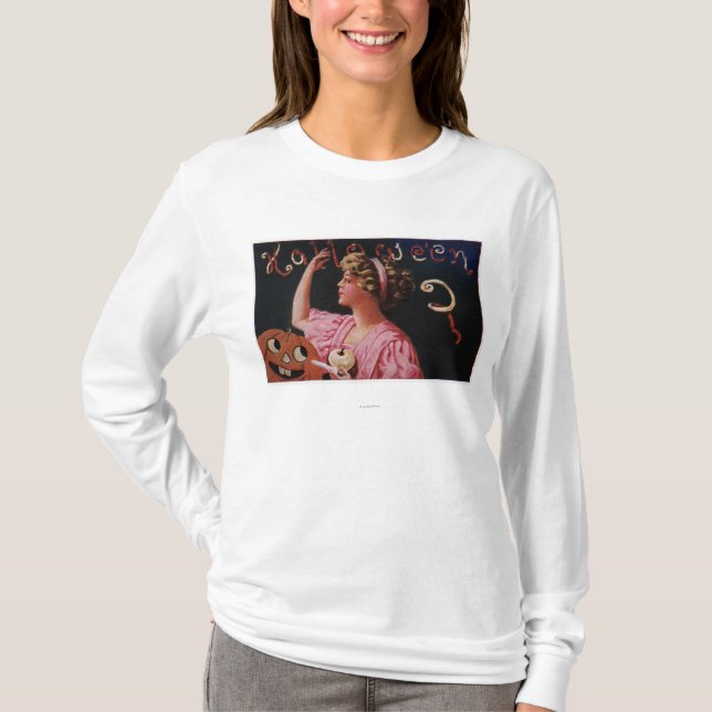 T-shirt Jack-O-Lanterna pela mulher que descasca Apple (Frente)