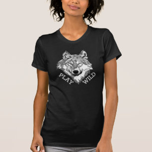 T-shirt Jogar Cabeça de Lobo Cinza Selvagem Hipster