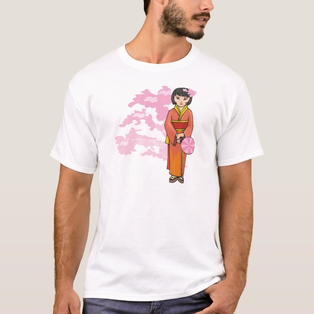 T-shirt Jovem Japonesa Com Blossomas De Cereja (Frente)