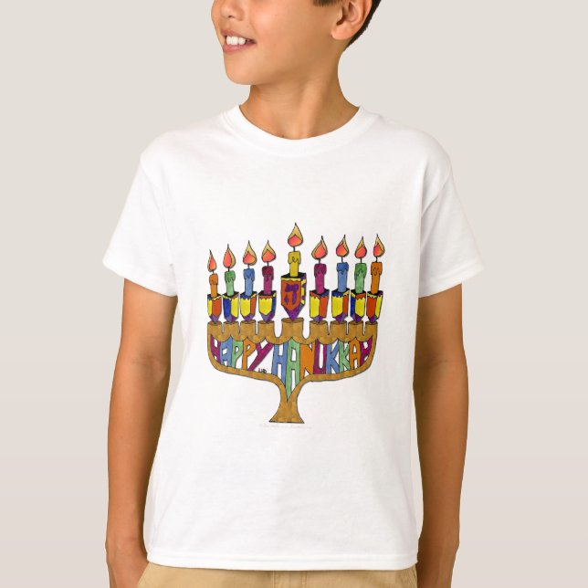 T-shirt Judaica Happy Hanukkah Dreidel Menorah (Frente)