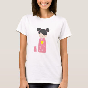 T-shirt Kawaii Kokeshi cor-de-rosa