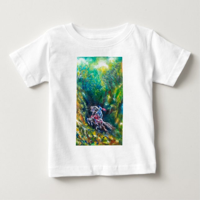 T-SHIRT KNIGHT LANCELOT, HORSE ANDANDO NA FLORESTA VERDE (Frente)