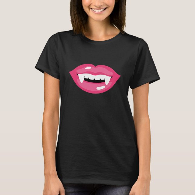 T-shirt Lábios de Vampiro Brilhantes Rosa Presas Boca Hall (Frente)