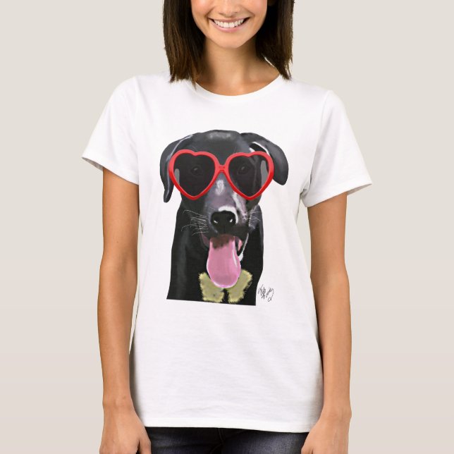 T-shirt Labrador Preto Com Óculos De Sol De Coração (Frente)